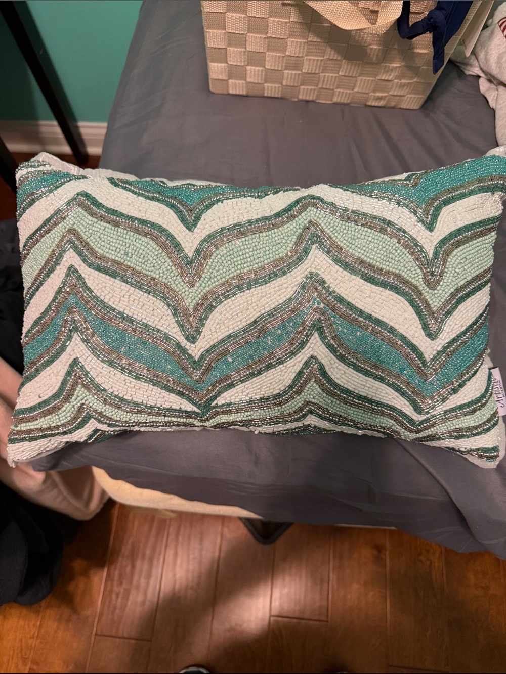 Decorative Beaded Chevron Lumbar Pillow - Aqua and Cream